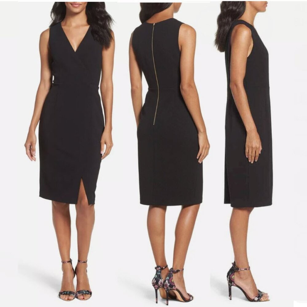 ADRIANNA PAPELL BLACK DRESS CREPE V-NECK SHEATH medium Chic Business Casual